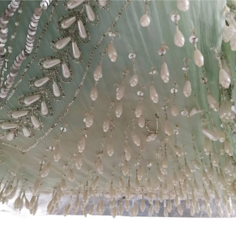 Vintage Mint Green & Silver Sequin Dress with Beaded Pearl Fringes | Large - Picture 6 of 9